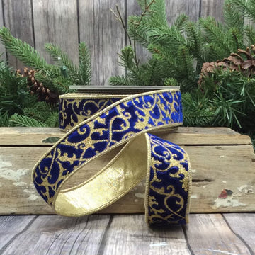 Cobalt Blue Scroll Glitter Velvet Ribbon - 1.5" wide - My Christmas