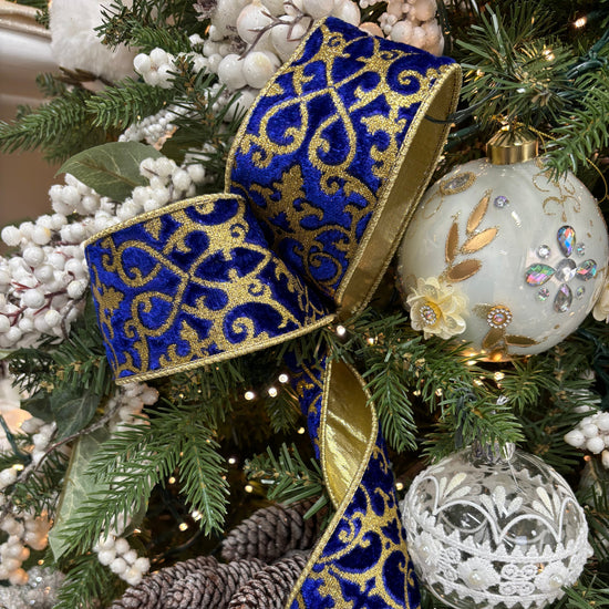 Cobalt Blue Scroll Glitter Velvet Ribbon - 2.5" wide - My Christmas
