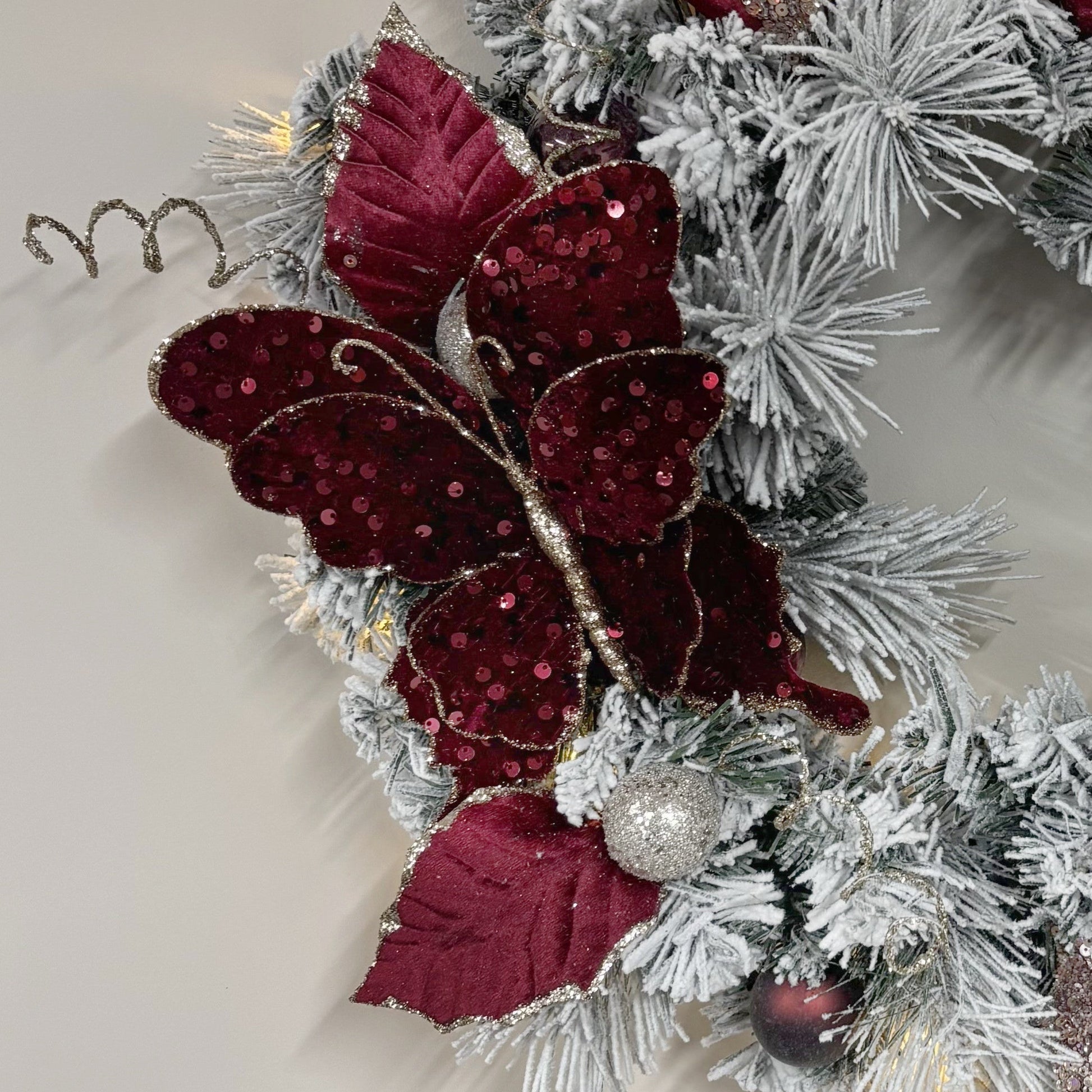 Cranberry Cocktail on Flocked Wreath - My Christmas
