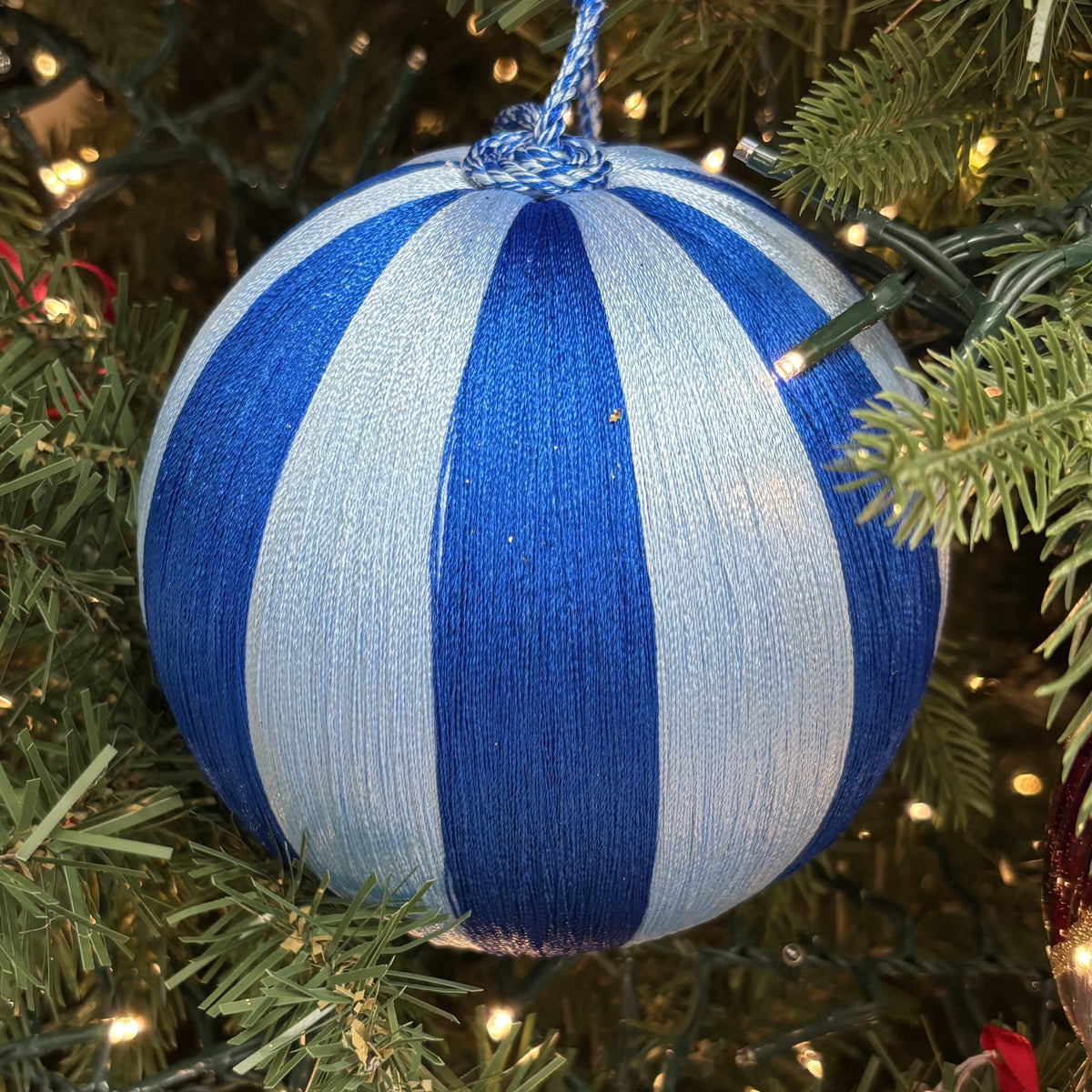 Dark Blue & Blue Silk Stripe Bauble - Small - My Christmas