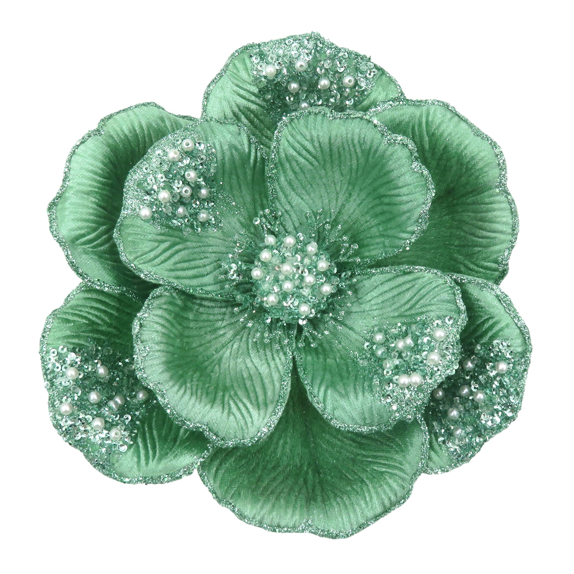 Dark Mint Clip-on Magnolia with Beaded Petals - My Christmas