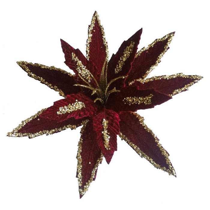 Dark Red and Gold Poinsettia with Clip - My Christmas