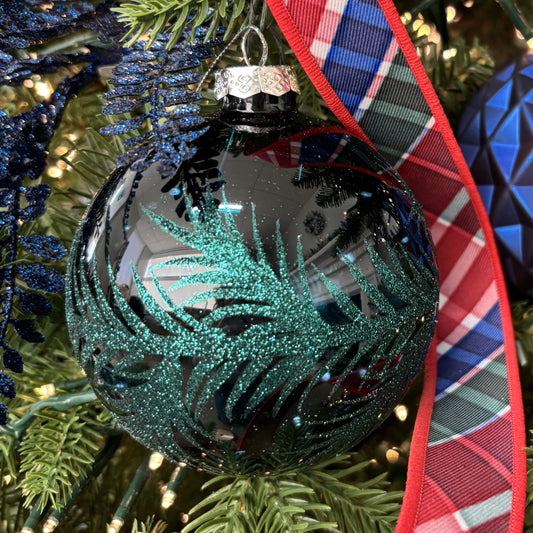 Deep Aqua with Leaf Glass Bauble - My Christmas