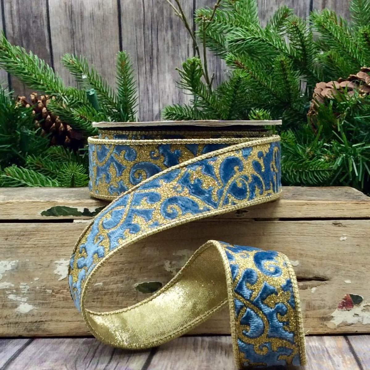 Dusty Blue Scroll Glitter Velvet Ribbon - My Christmas