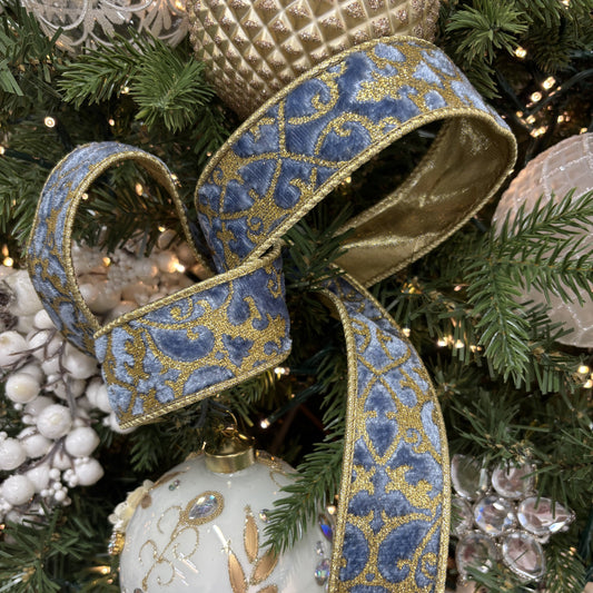 Dusty Blue Scroll Glitter Velvet Ribbon - My Christmas