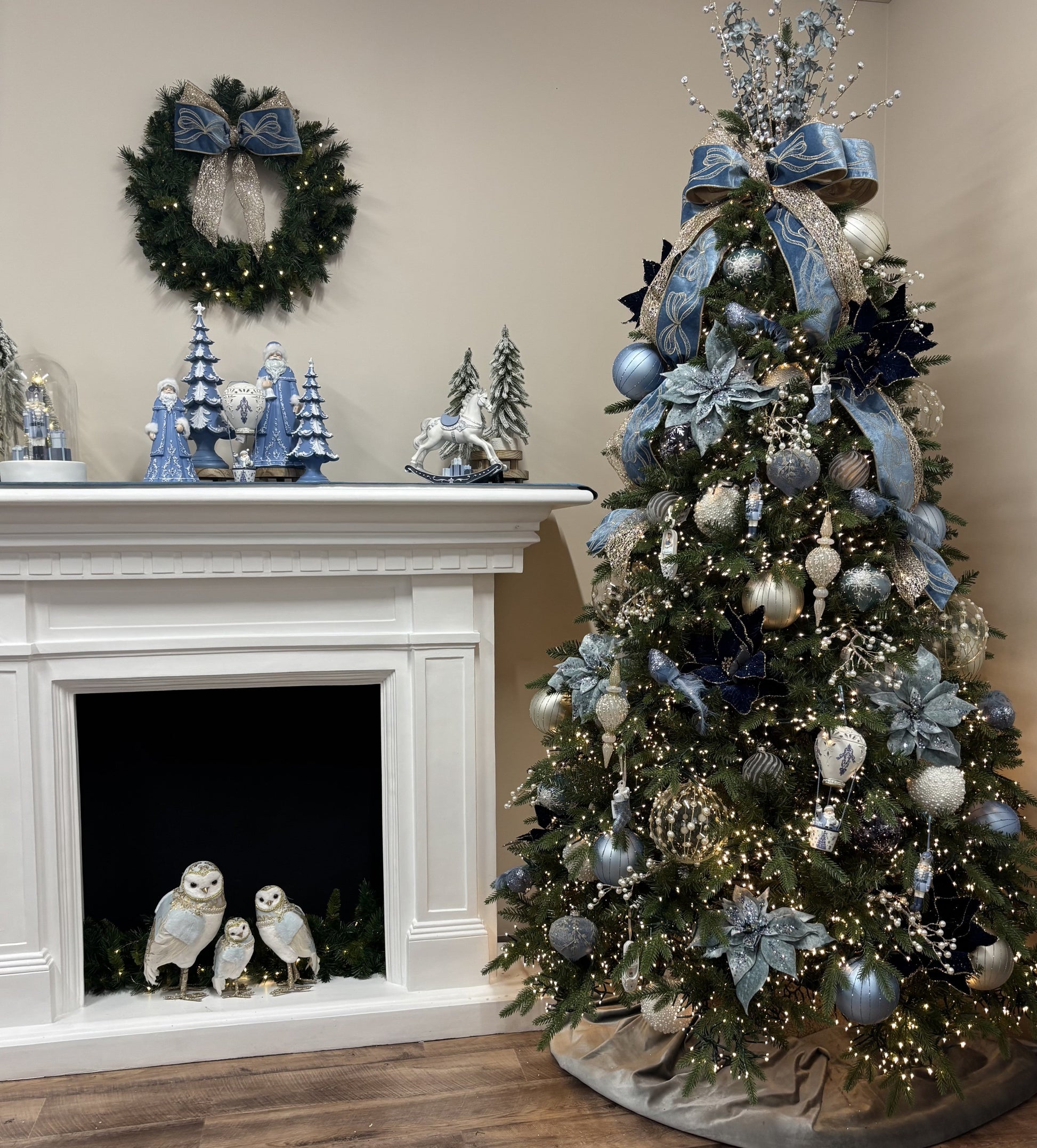 Dusty Blue Velvet Ribbon with Embroidered Bows - My Christmas