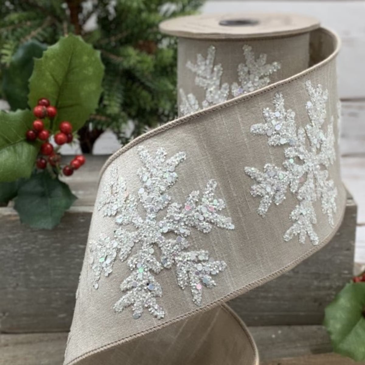 Ecru Faux Dupion with White Glitter Snowflakes Ribbon - My Christmas