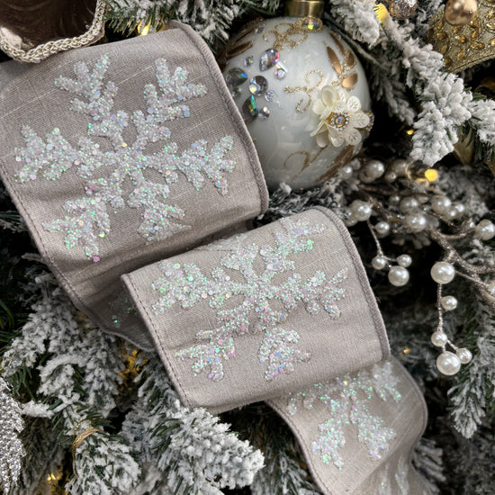 Ecru Faux Dupion with White Glitter Snowflakes Ribbon - My Christmas