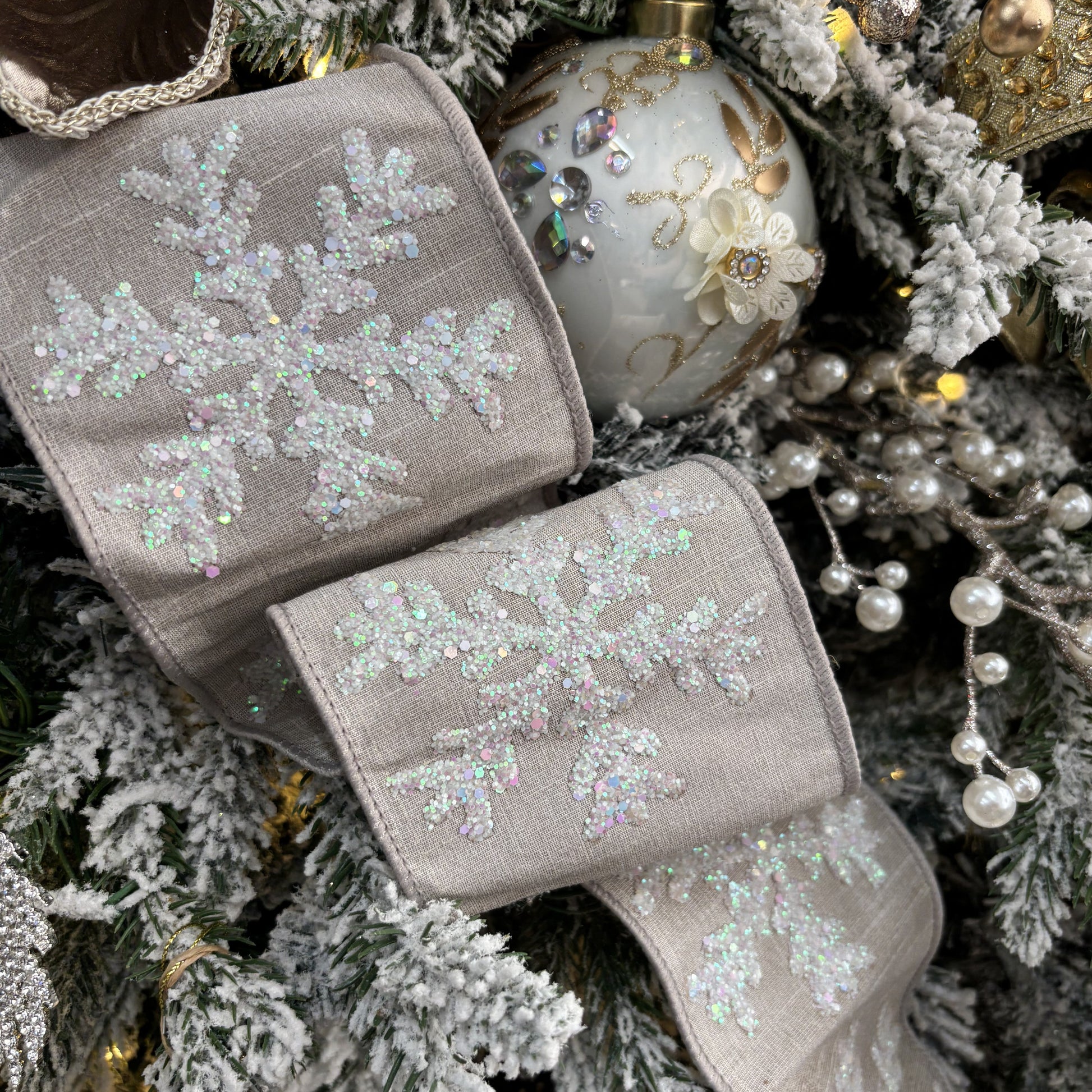 Ecru Faux Dupion with White Glitter Snowflakes Ribbon - My Christmas