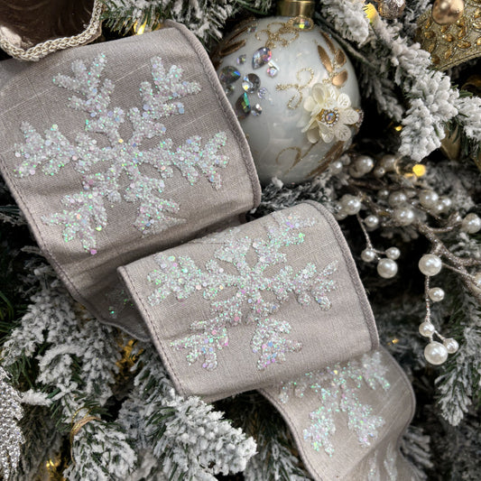 Ecru Faux Dupion with White Glitter Snowflakes Ribbon - My Christmas