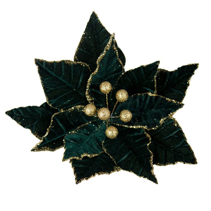 Emerald and Gold Glitter Poinsettia with Clip - My Christmas