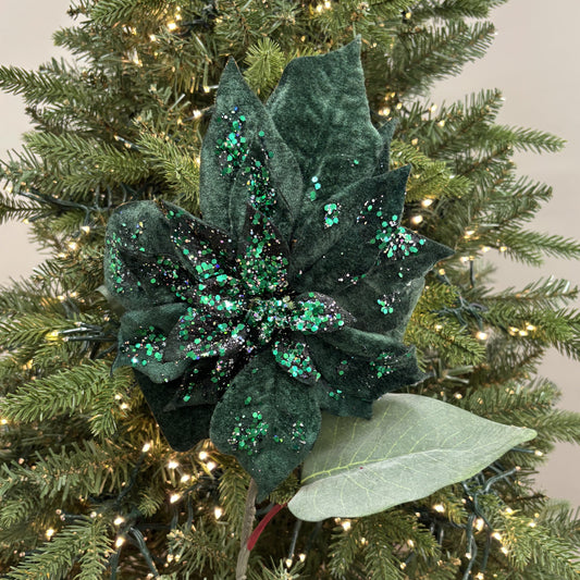 Emerald Green Velvet with Glitter Poinsettia - My Christmas