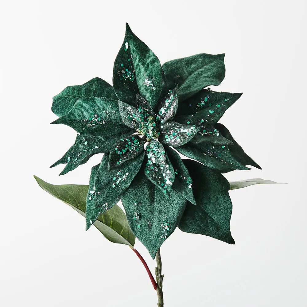 Emerald Green Velvet with Glitter Poinsettia - My Christmas