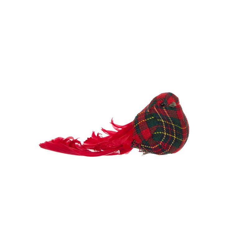 Fat Tartan Feather Clip Bird - My Christmas