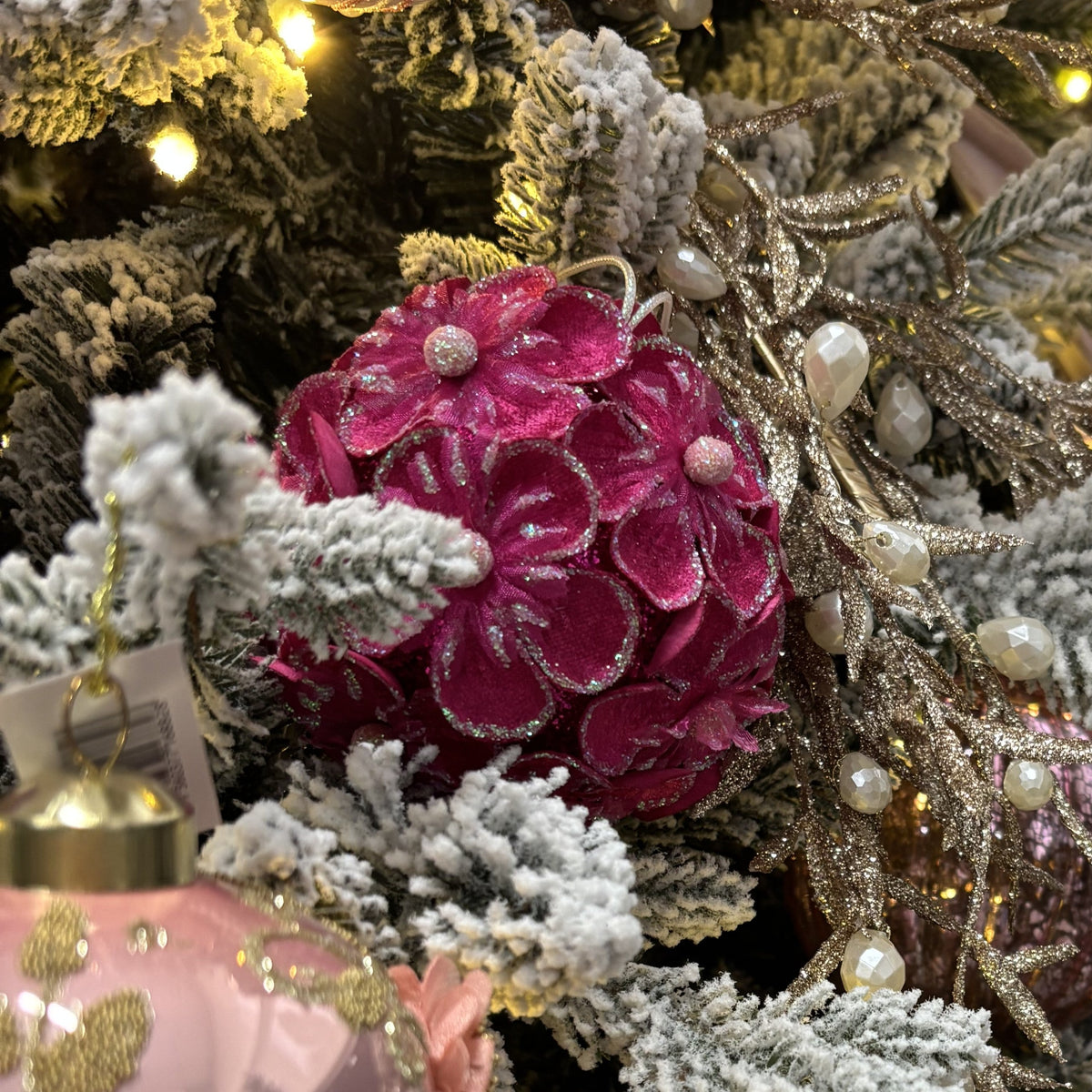 Fuchsia Glitter Hydrangea Bauble - My Christmas
