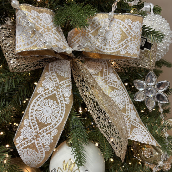 Gold and White Wavy Floral Ribbon - My Christmas
