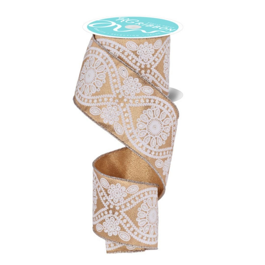 Gold and White Wavy Floral Ribbon - My Christmas