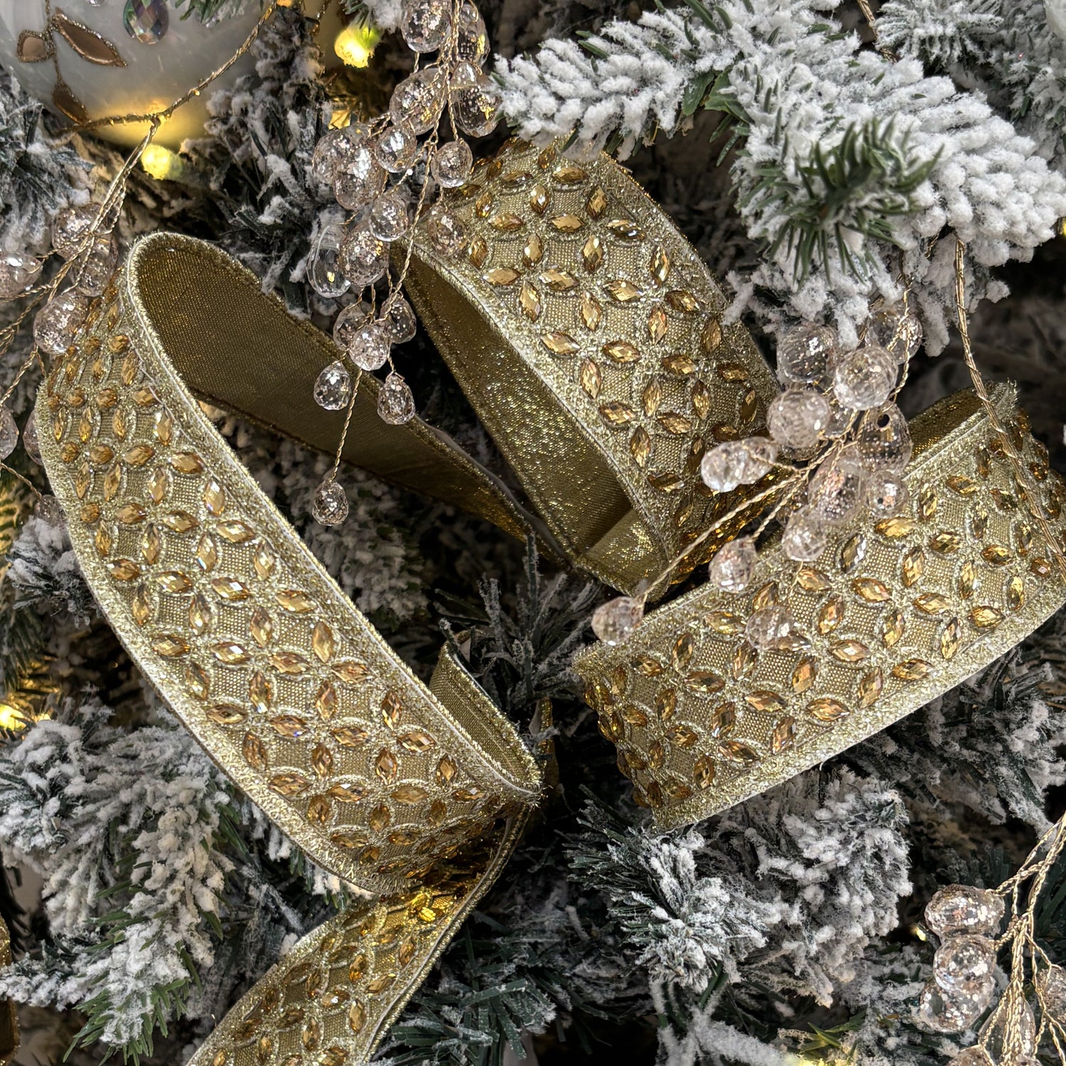 Gold Faux Metallic Dupion with Flower Crystal Trellis Ribbon - My Christmas
