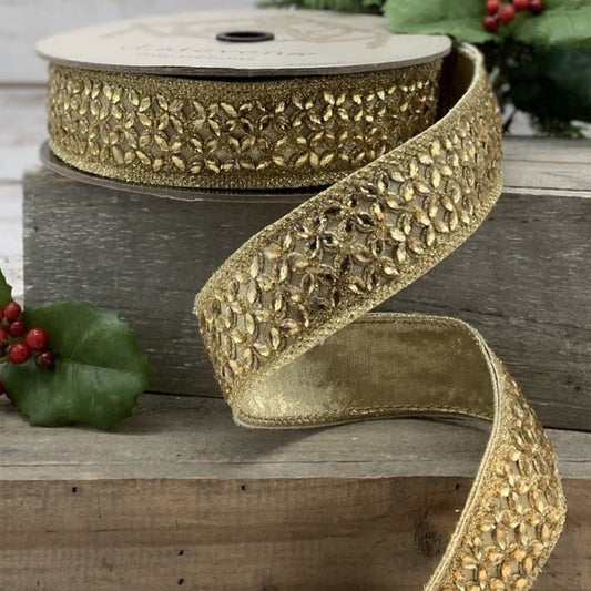 Gold Faux Metallic Dupion with Flower Crystal Trellis Ribbon - My Christmas