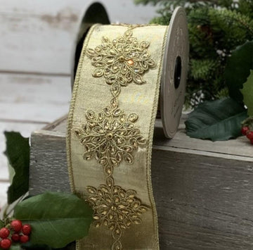 Gold Faux Metallic Dupion with Jewel Snowflake Ribbon - My Christmas