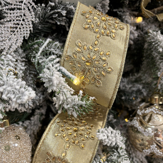 Gold Faux Metallic Dupion with Jewel Snowflake Ribbon - My Christmas