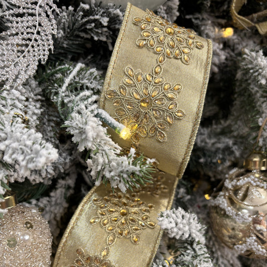 Gold Faux Metallic Dupion with Jewel Snowflake Ribbon - My Christmas