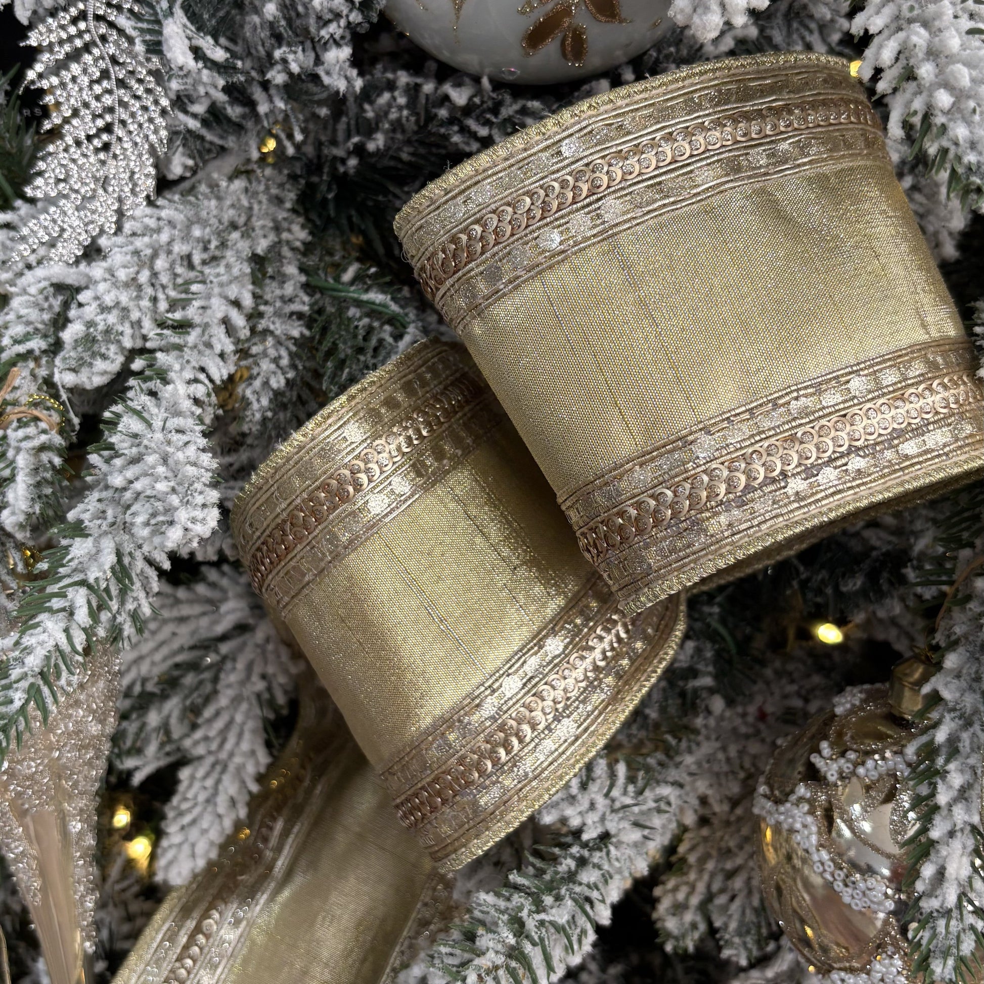 Gold Faux Metallic Dupion with Sequin Side Trim Ribbon - My Christmas
