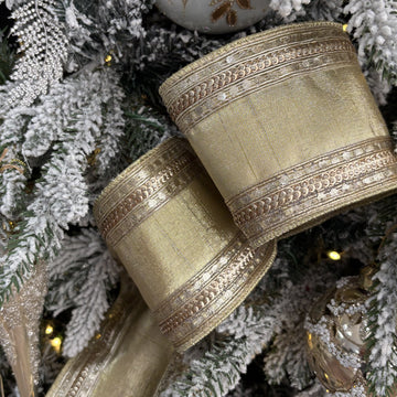 Gold Faux Metallic Dupion with Sequin Side Trim Ribbon - My Christmas