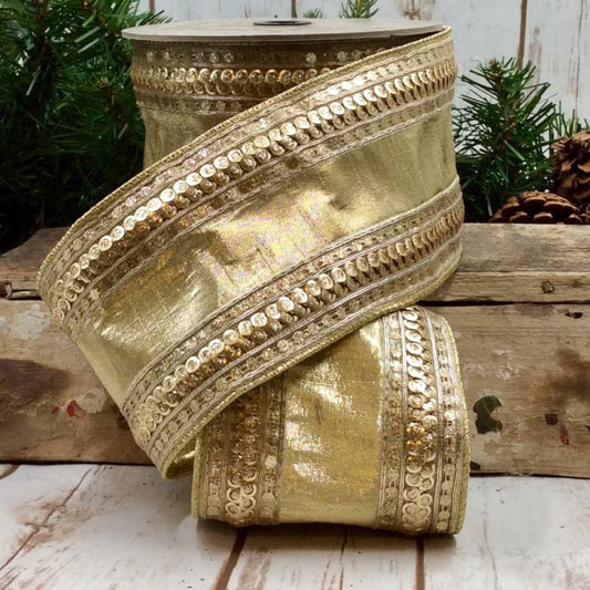 Gold Faux Metallic Dupion with Sequin Side Trim Ribbon - My Christmas
