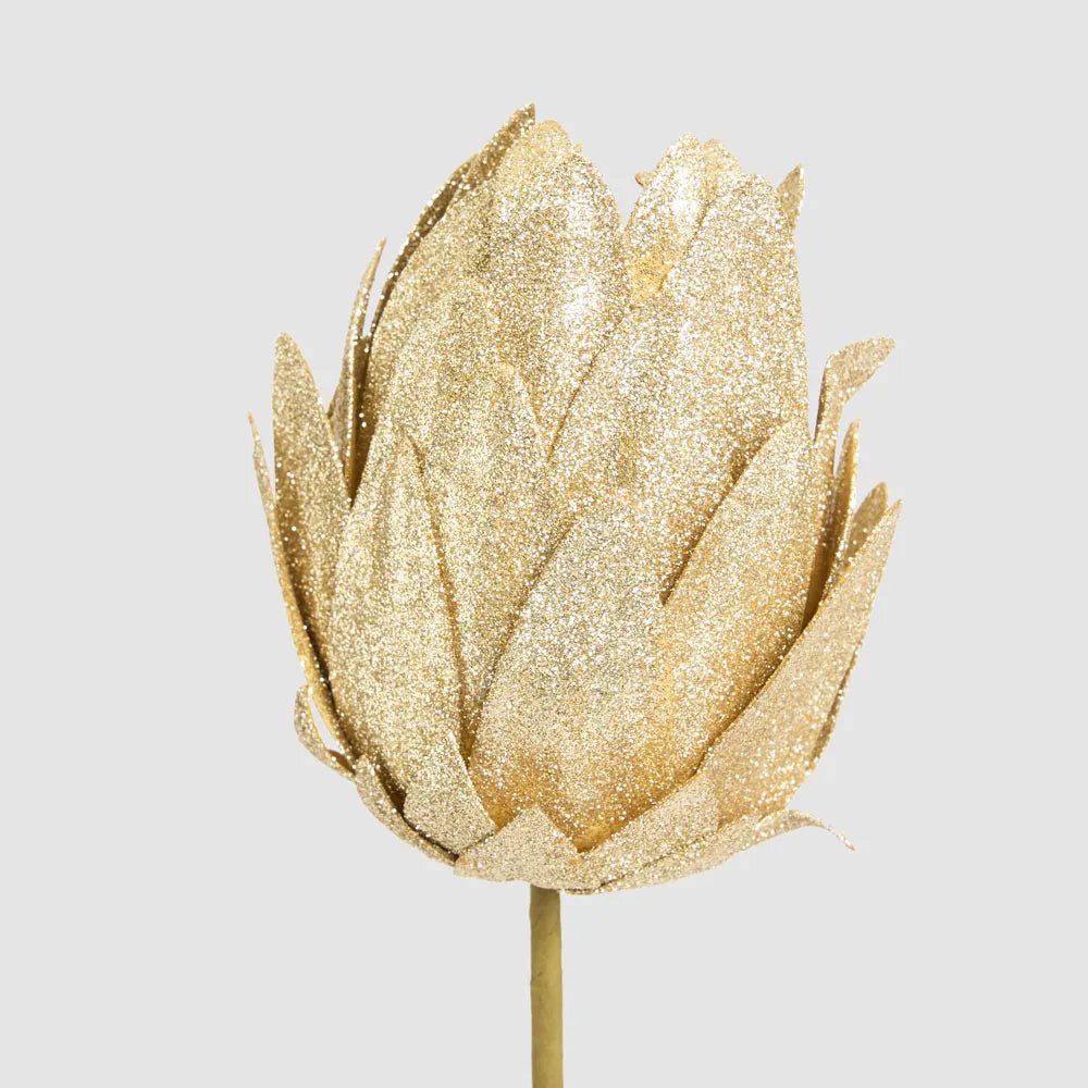 Gold Glitter Protea Flower Stem - My Christmas