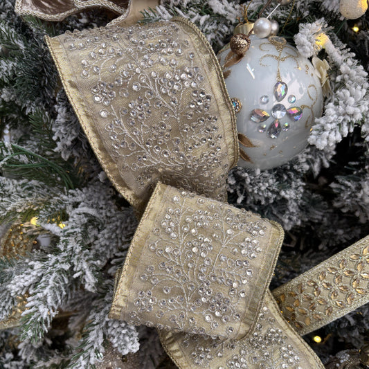Gold Metallic Dupion with Crystal Branches Ribbon - My Christmas