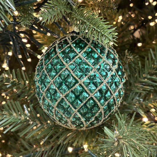 Green and Gold Quilted Glass Bauble - My Christmas