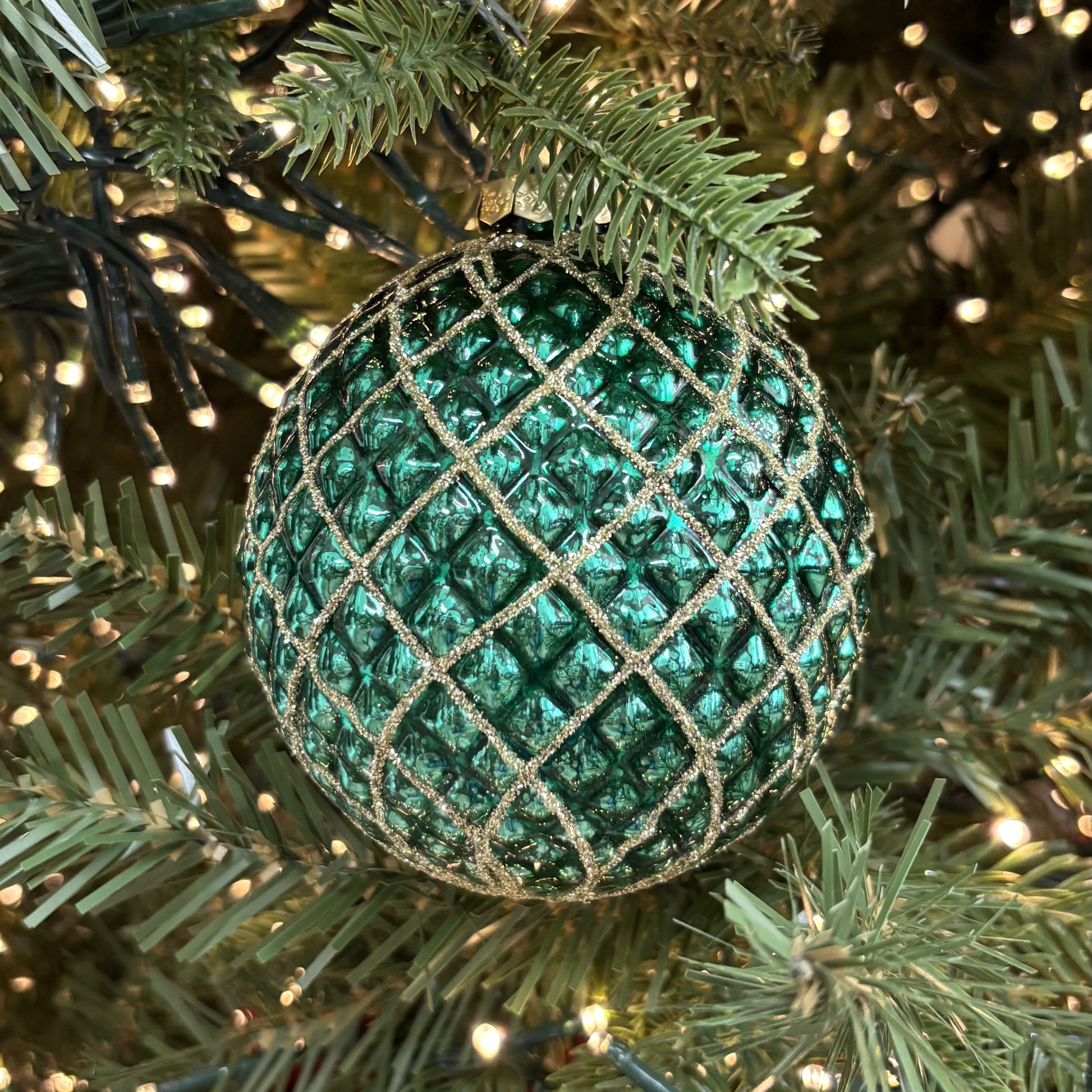 Green and Gold Quilted Glass Bauble - My Christmas