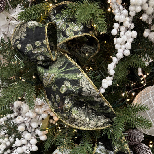 Green Jacquard Metallic Florals Ribbon - My Christmas