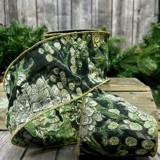 Green Jacquard Metallic Florals Ribbon - My Christmas