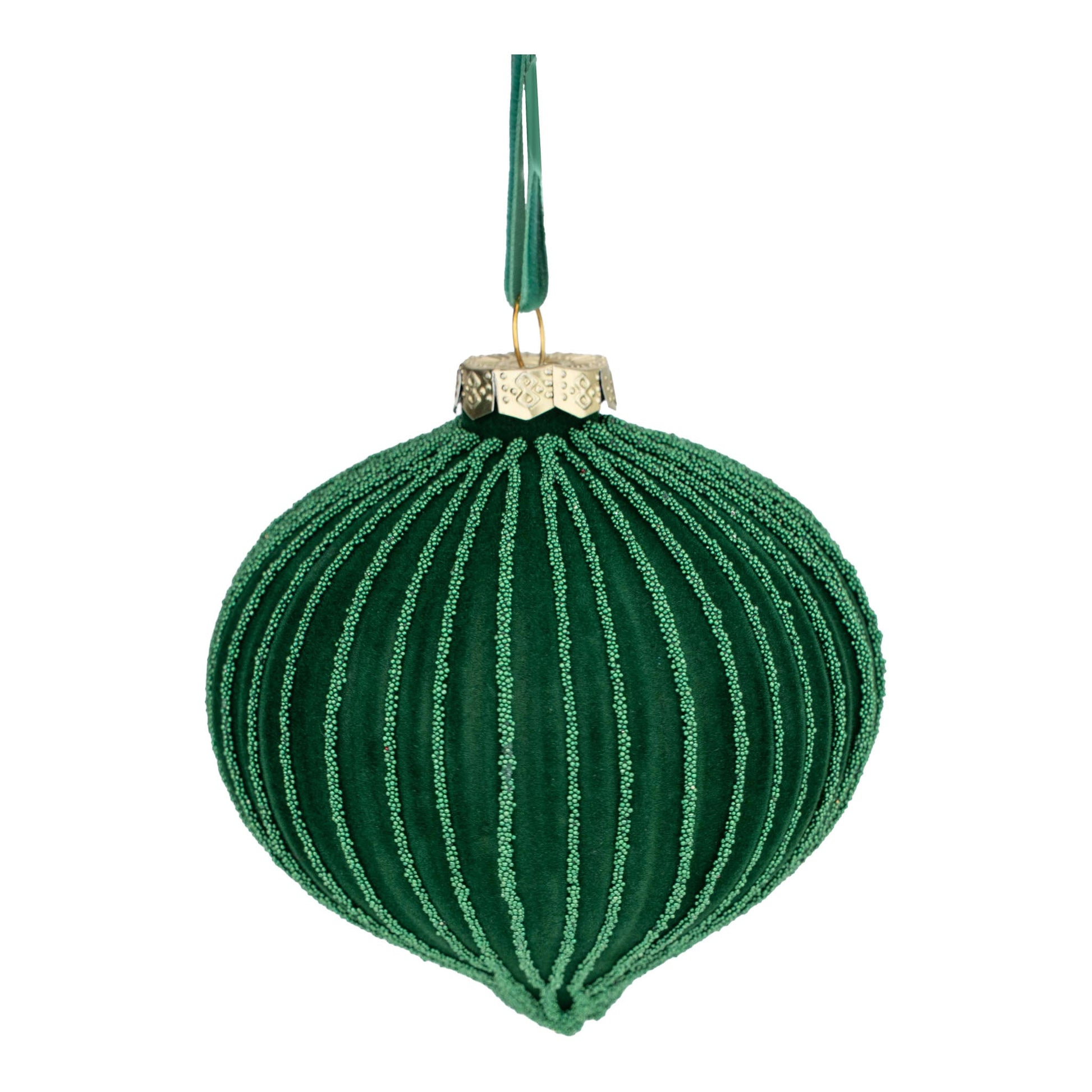 Green Ribbed Flocked Drop Ornament - My Christmas