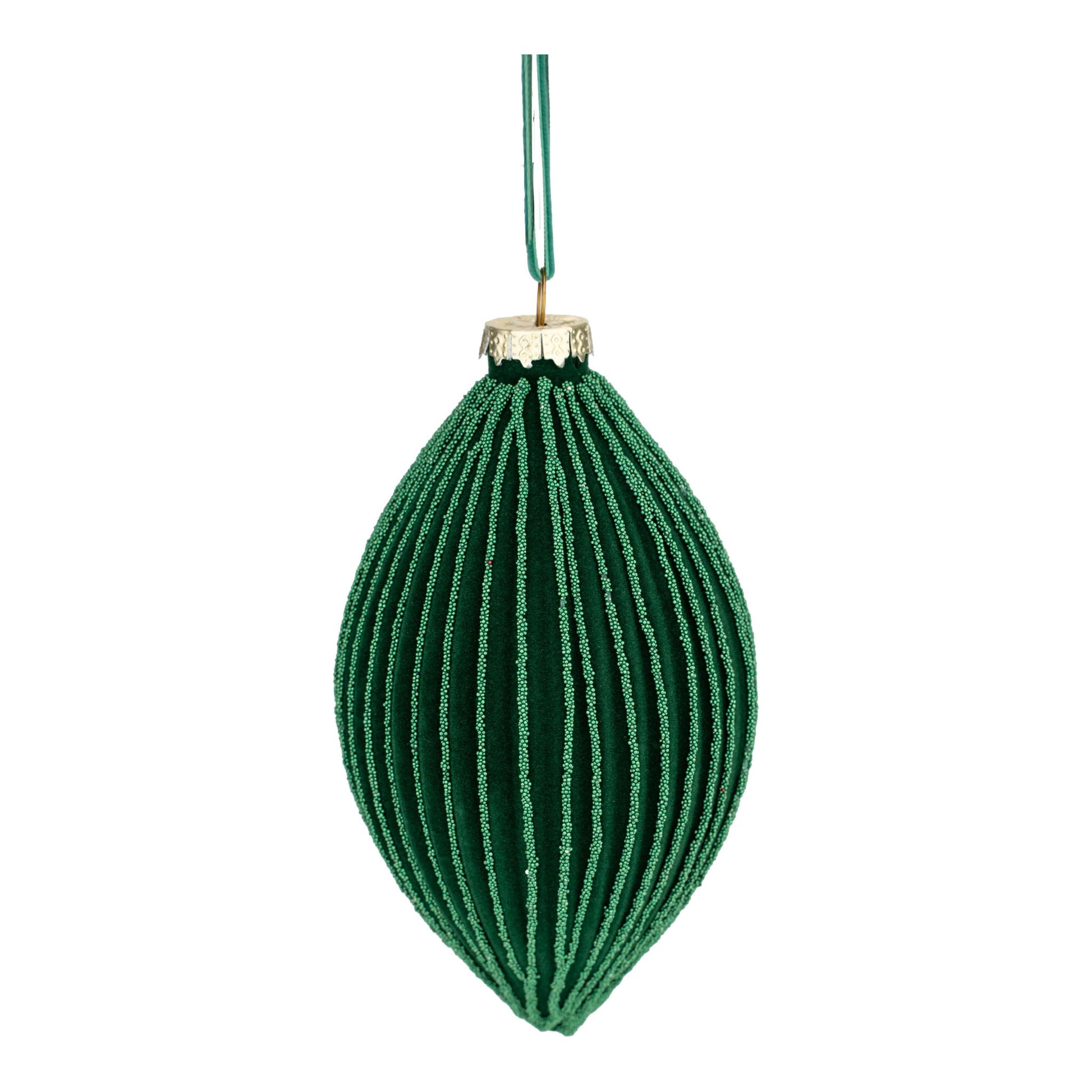 Green Ribbed Flocked Long Drop Ornament - My Christmas