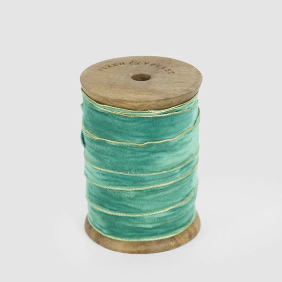 Green Velvet Ribbon Roll with Gold Trim - My Christmas
