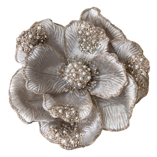 Grey Clip-on Magnolia with Beaded Petals - My Christmas