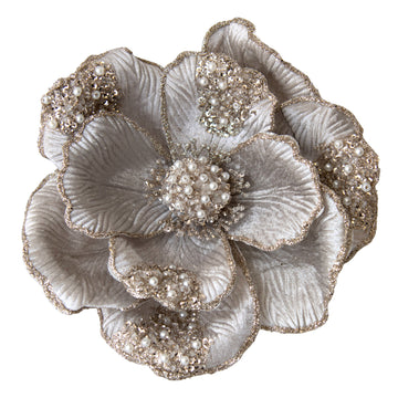 Grey Clip-on Magnolia with Beaded Petals - My Christmas
