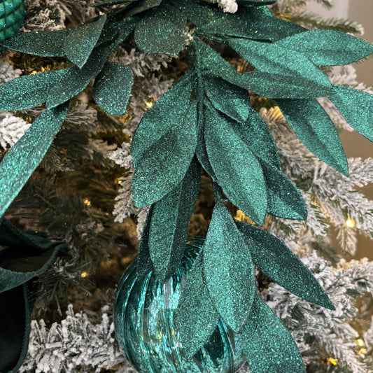 Hunter Green Glitter Bay Leaf Spray - My Christmas