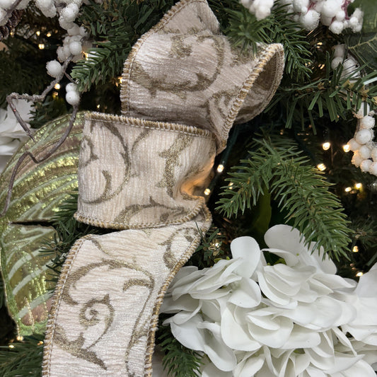 Ivory and Gold Jacquard French Scroll Ribbon - 2.5" wide - My Christmas