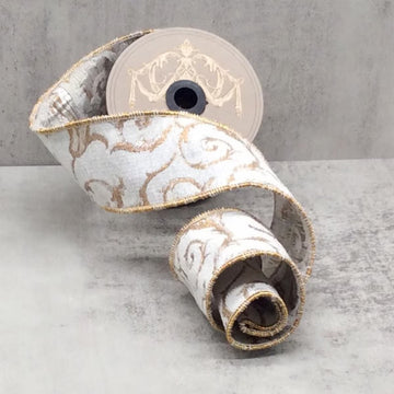 Ivory and Gold Jacquard French Scroll Ribbon - 2.5" wide - My Christmas