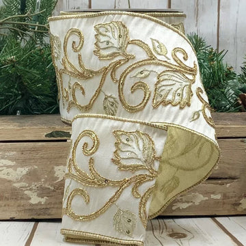 Ivory Dupion with Gold Leaf Scroll Ribbon - My Christmas