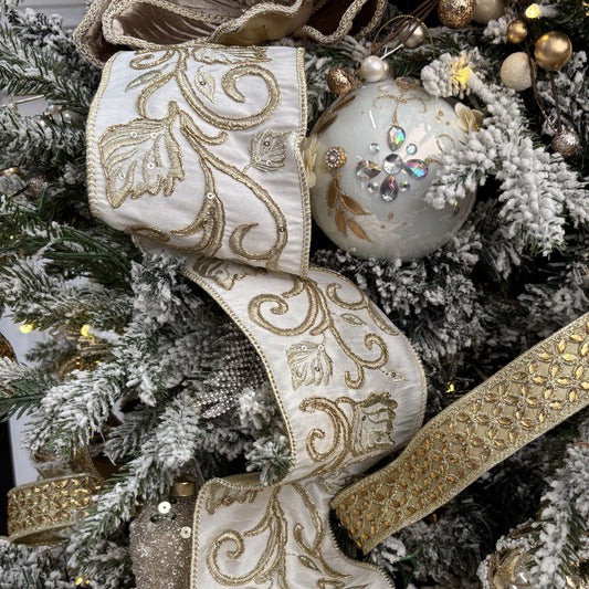 Ivory Dupion with Gold Leaf Scroll Ribbon - My Christmas