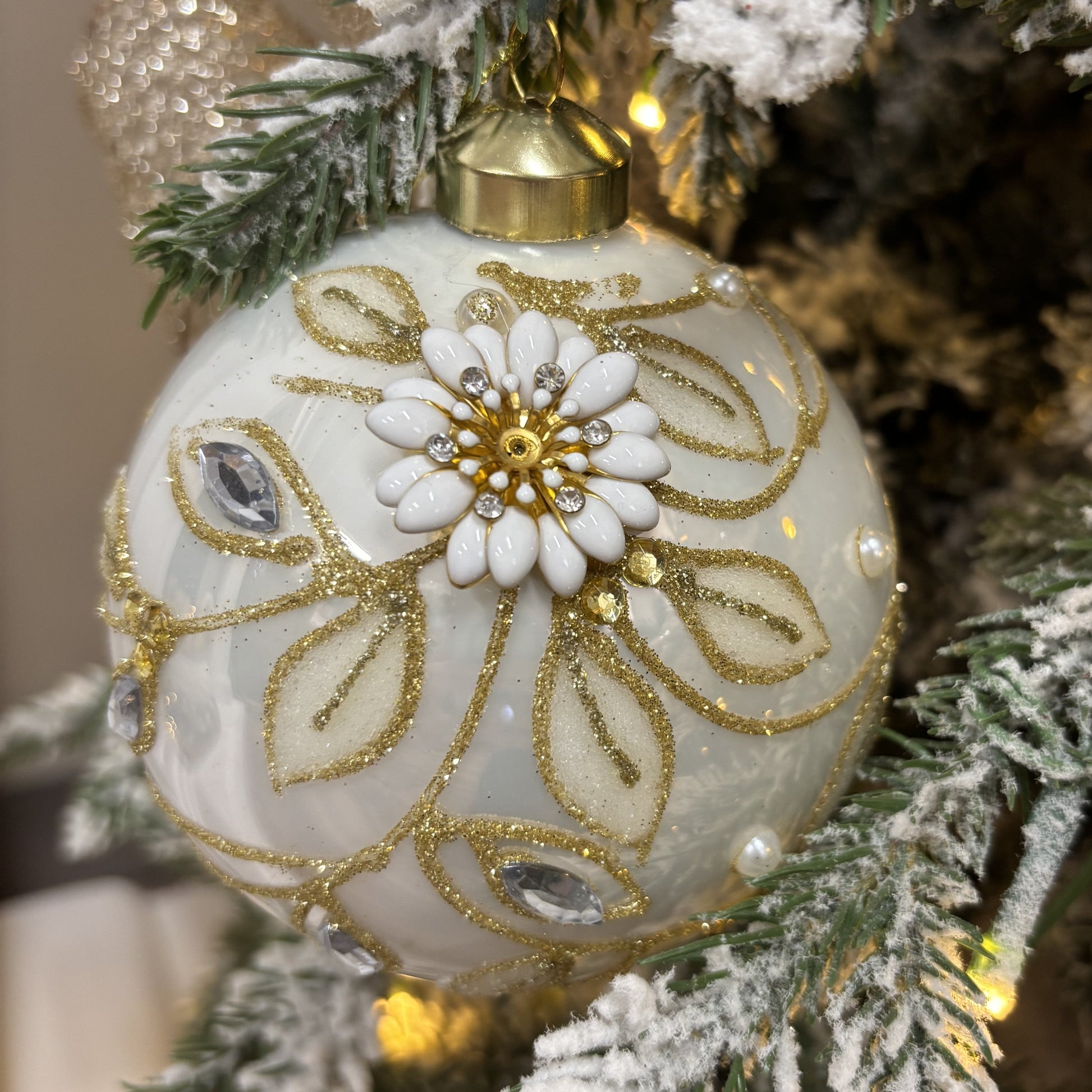 Ivory Embellished Foliage Bauble - My Christmas