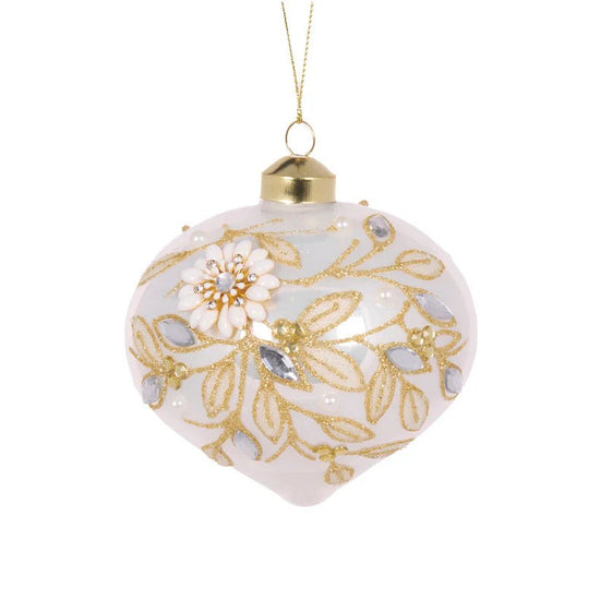 Ivory Embellished Foliage Onion Bauble - My Christmas