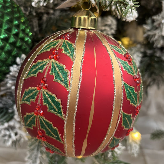 Matte Red and Holly Striped Bauble - My Christmas