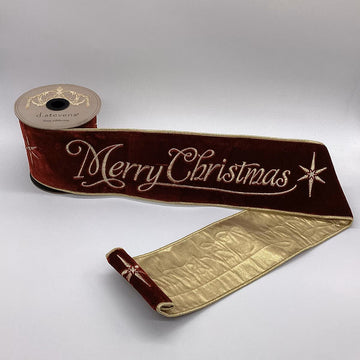 Merry Christmas Embroidered on Burgundy Velvet with Gold Back Ribbon - My Christmas