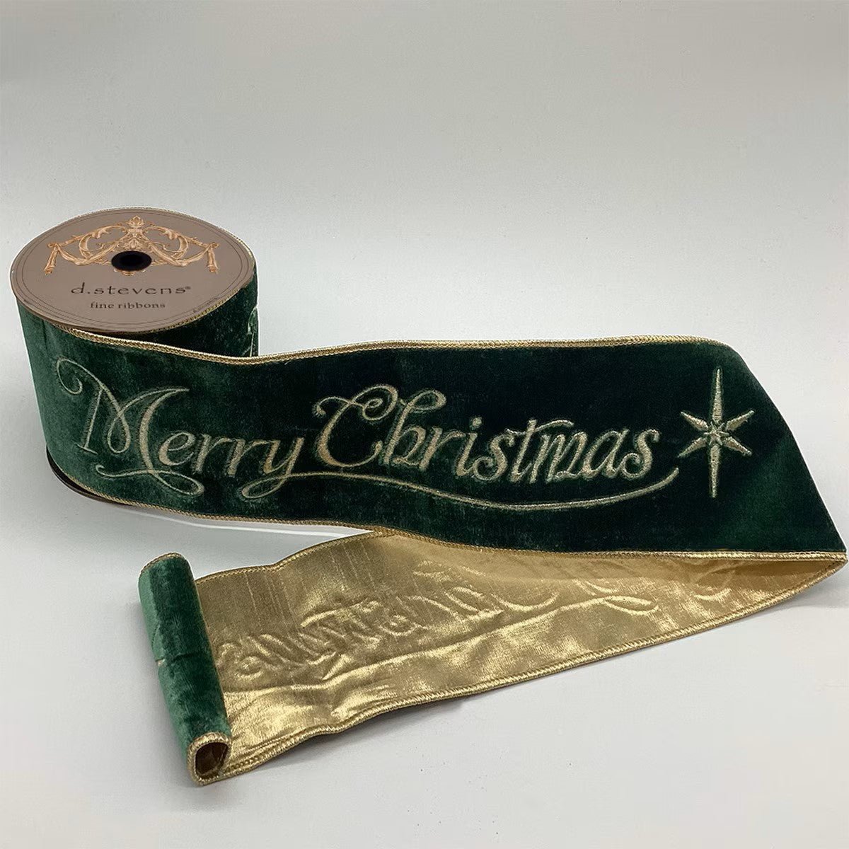 Merry Christmas Embroidered on Green Velvet with Gold Back Ribbon - My Christmas